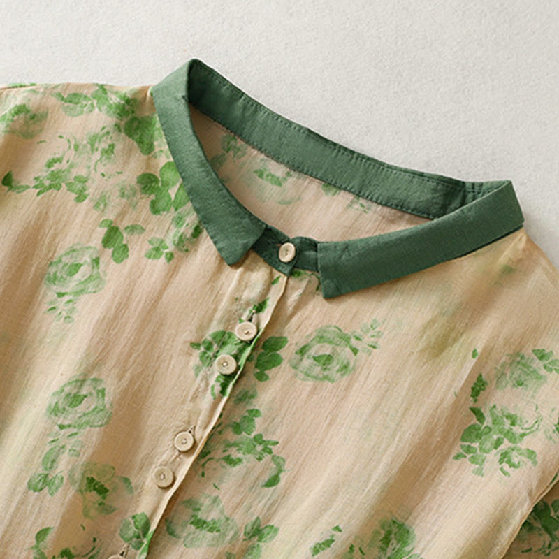 Buddha Stones Retro Printing Buttons Design Drawstring High Waist Cotton Midi Dress With Pockets