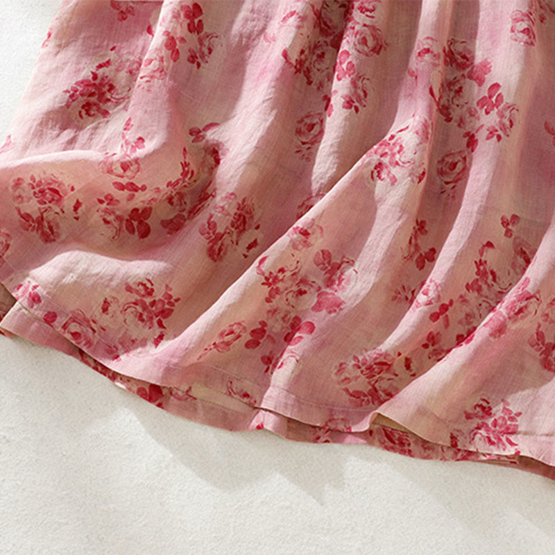 Buddha Stones Retro Printing Buttons Design Drawstring High Waist Cotton Midi Dress With Pockets