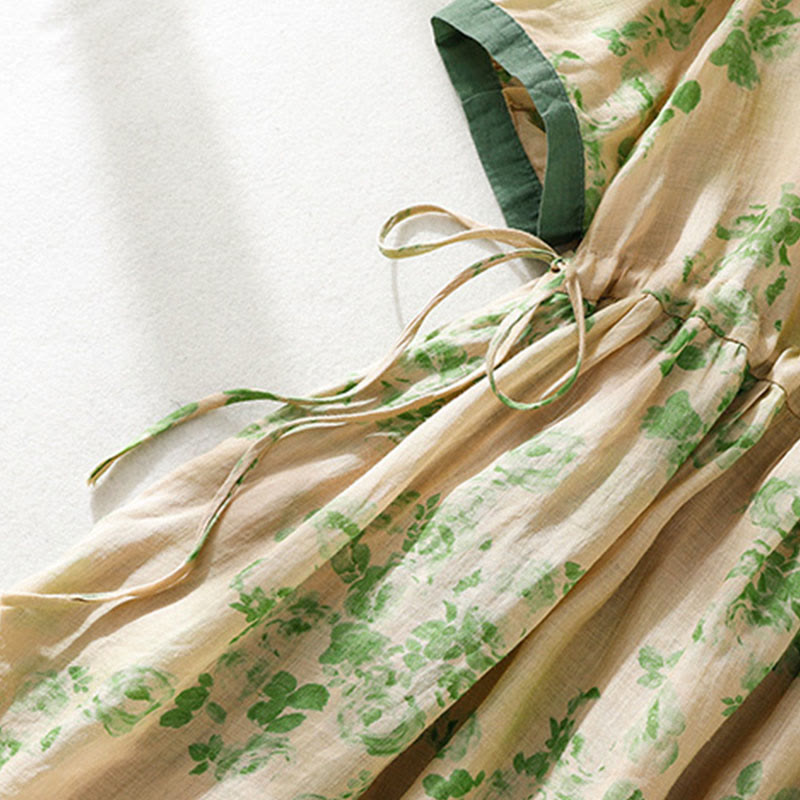 Buddha Stones Retro Printing Buttons Design Drawstring High Waist Cotton Midi Dress With Pockets