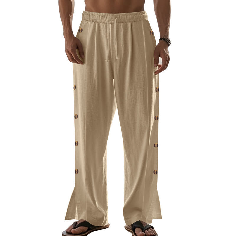 Buddha Stones Solid Color Side Buttons Men's Cotton Pants With Pockets