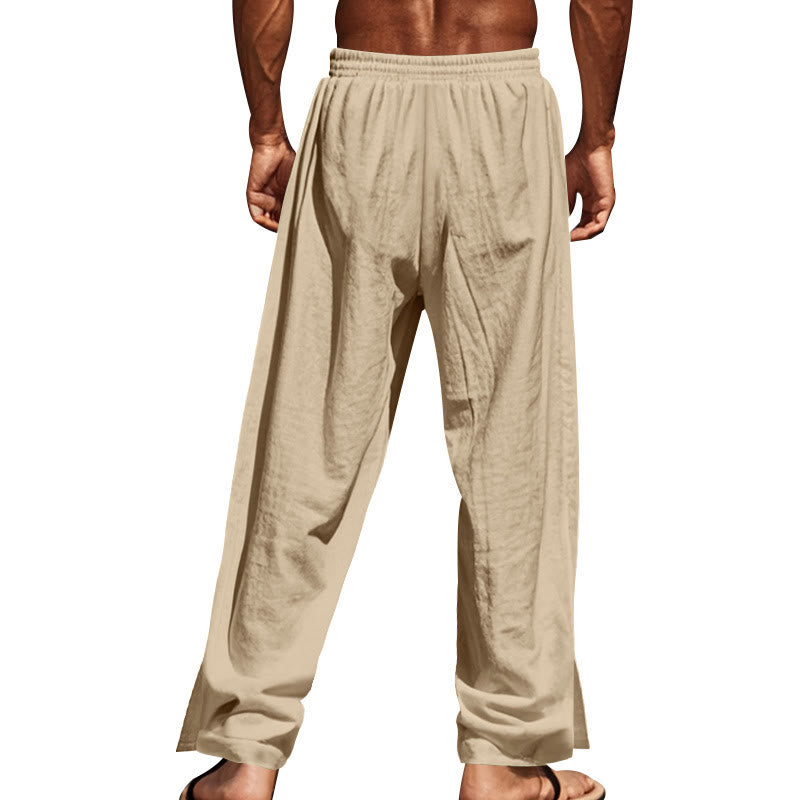Buddha Stones Solid Color Side Buttons Men's Cotton Pants With Pockets