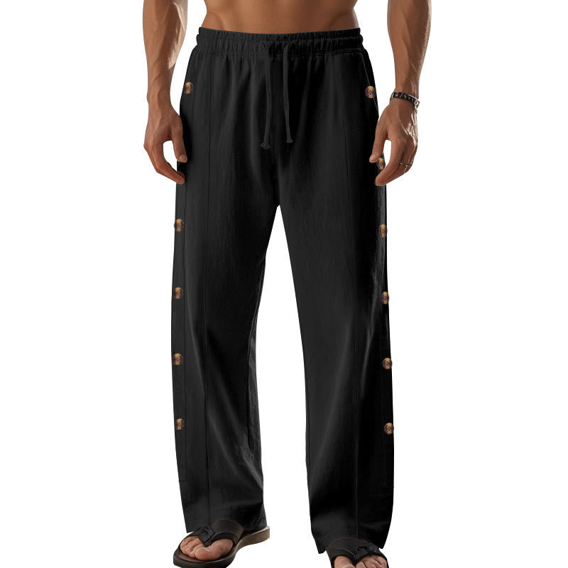 Buddha Stones Solid Color Side Buttons Men's Cotton Pants With Pockets