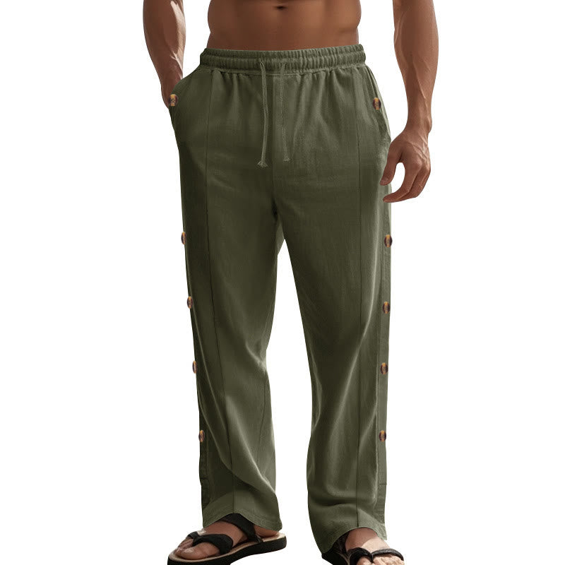 Buddha Stones Solid Color Side Buttons Men's Cotton Pants With Pockets