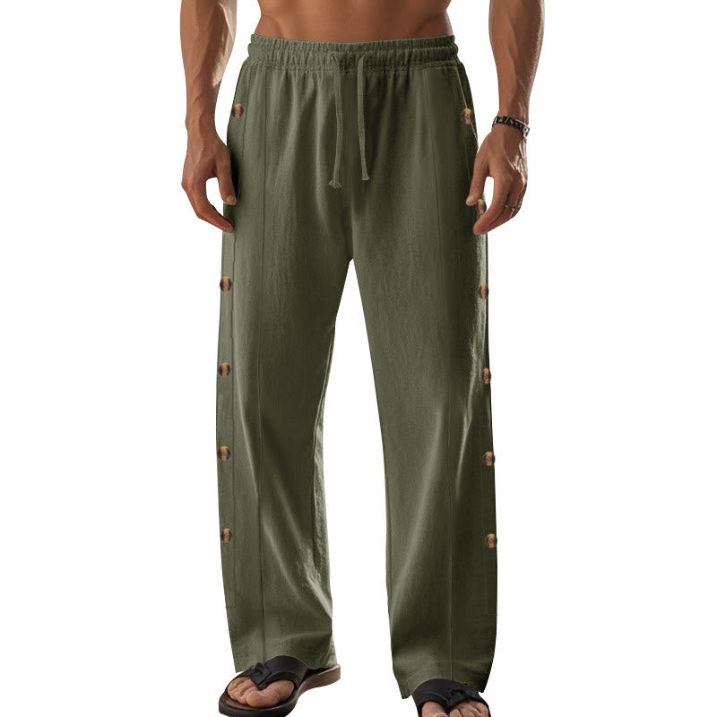 Buddha Stones Solid Color Side Buttons Men's Cotton Pants With Pockets