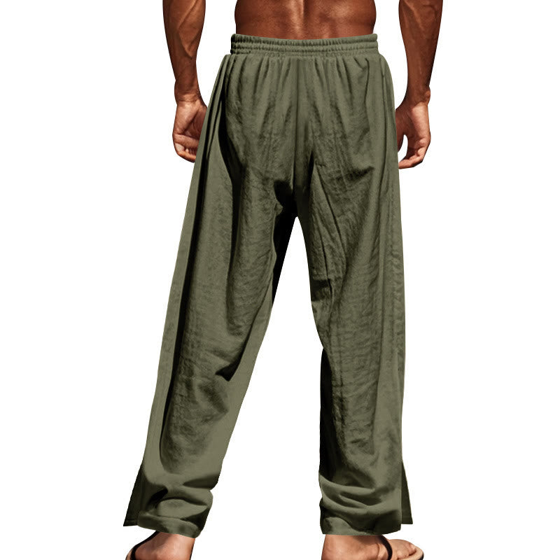 Buddha Stones Solid Color Side Buttons Men's Cotton Pants With Pockets