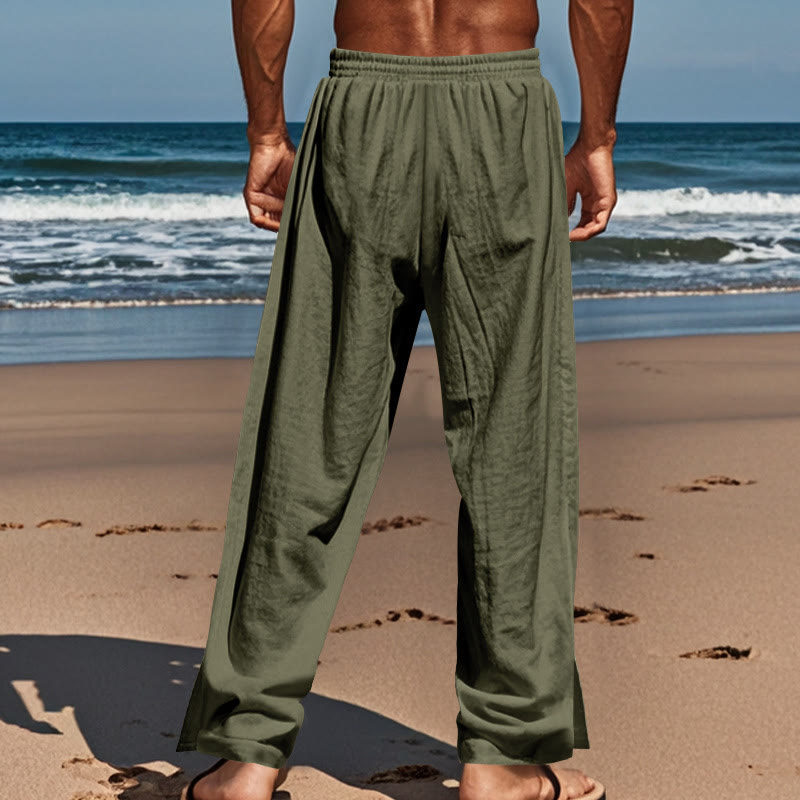 Buddha Stones Solid Color Side Buttons Men's Cotton Pants With Pockets