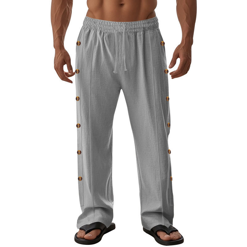 Buddha Stones Solid Color Side Buttons Men's Cotton Pants With Pockets