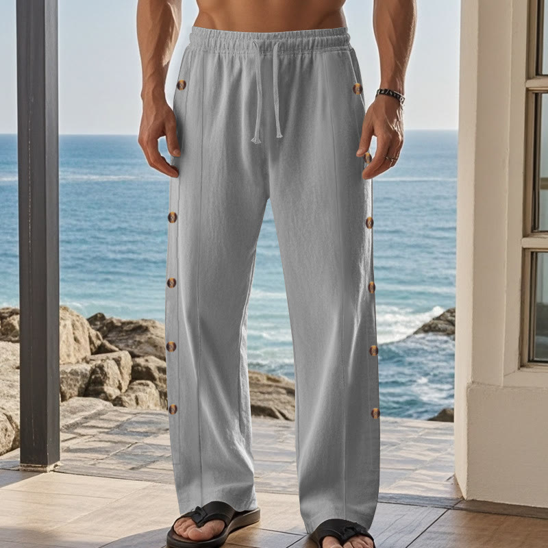 Buddha Stones Solid Color Side Buttons Men's Cotton Pants With Pockets