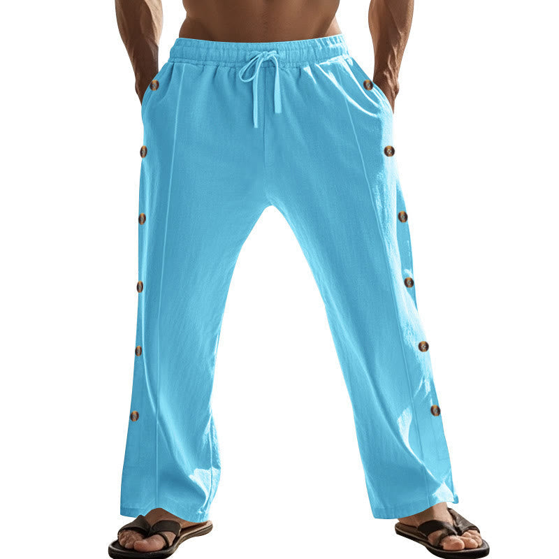 Buddha Stones Solid Color Side Buttons Men's Cotton Pants With Pockets
