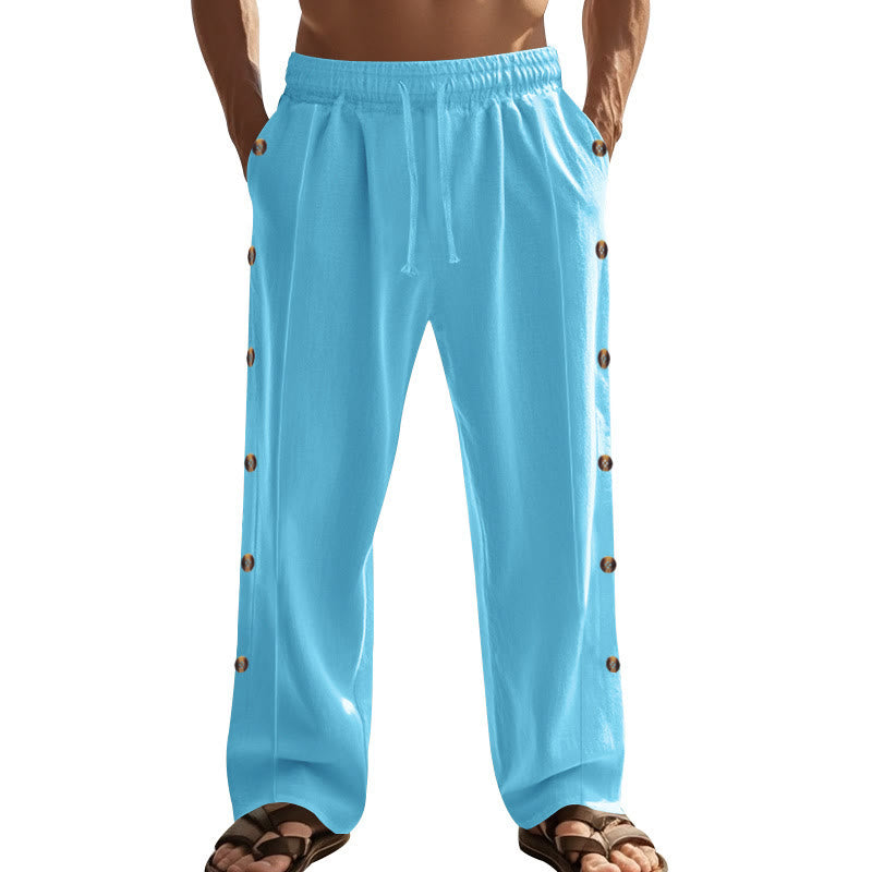 Buddha Stones Solid Color Side Buttons Men's Cotton Pants With Pockets