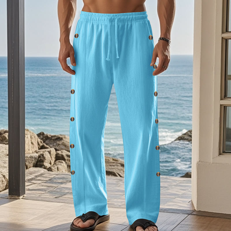 Buddha Stones Solid Color Side Buttons Men's Cotton Pants With Pockets