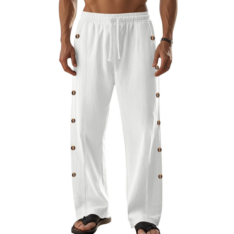 Buddha Stones Solid Color Side Buttons Men's Cotton Pants With Pockets