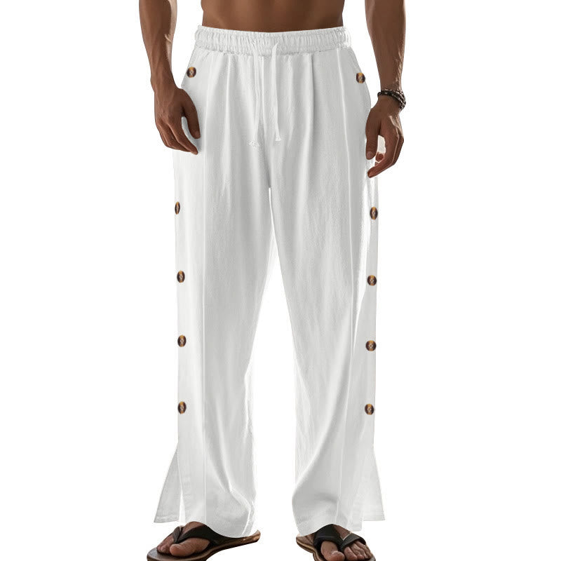 Buddha Stones Solid Color Side Buttons Men's Cotton Pants With Pockets