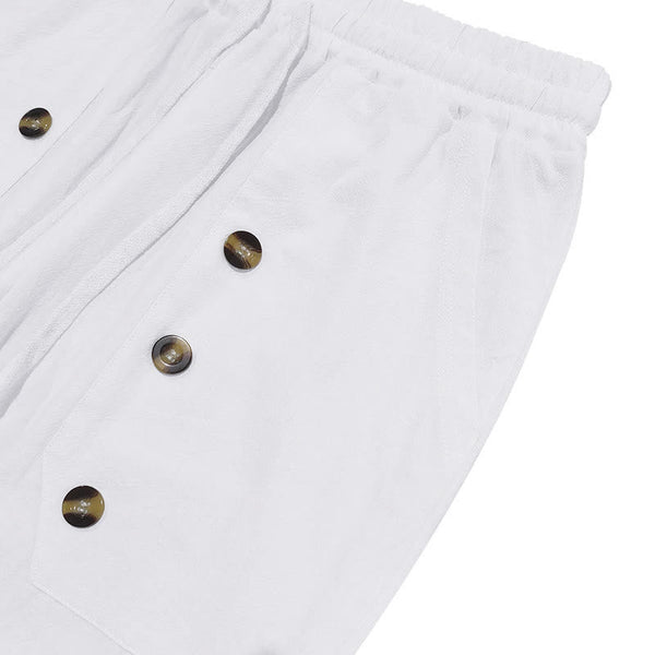 Buddha Stones Casual Plain Color Buttons Men's Cotton Pants With Pockets