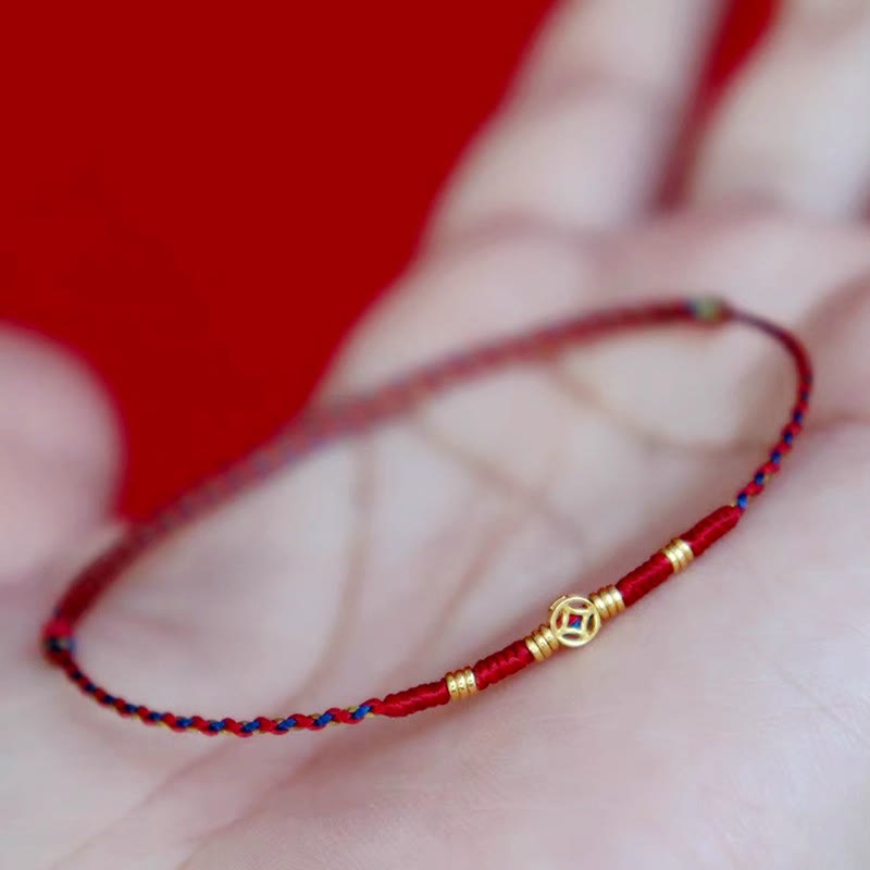 Buddha Stones Handmade Braided Red String Copper Coins Luck Bracelet