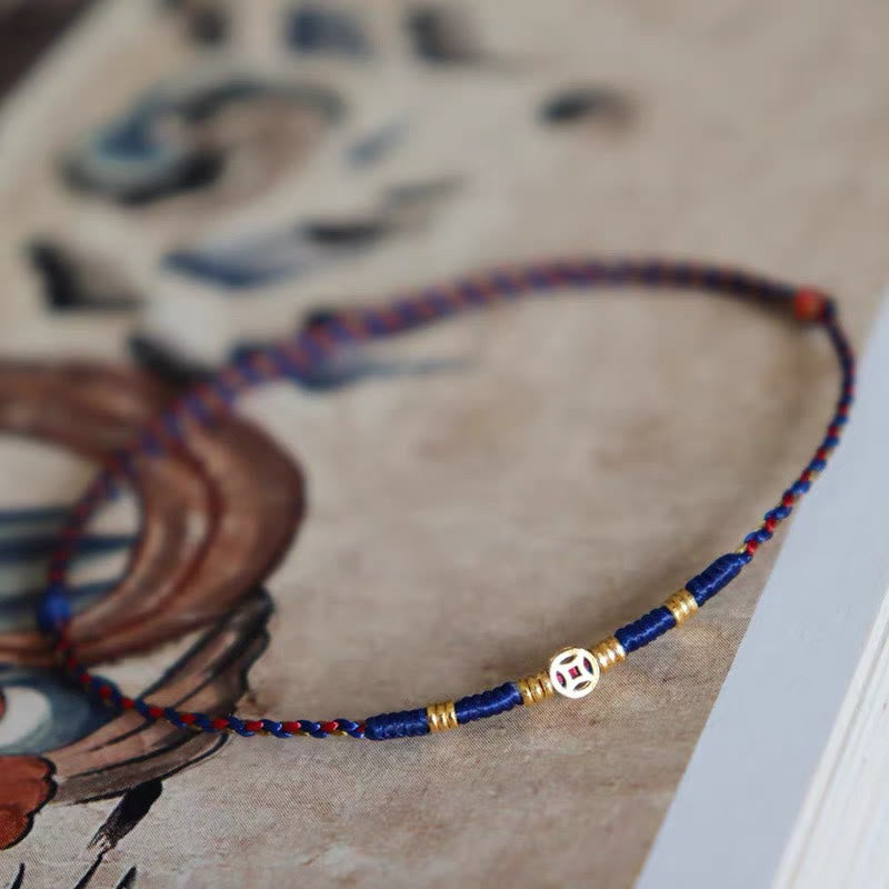 Buddha Stones Handmade Braided Red String Copper Coins Luck Bracelet