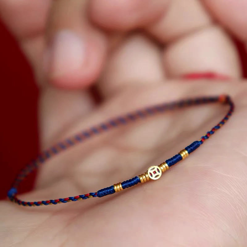 Buddha Stones Handmade Braided Red String Copper Coins Luck Bracelet