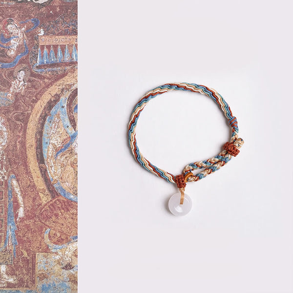 Buddha Stones Natural Hetian Jade Peace Buckle Protection Colored Rope Braided Bracelet