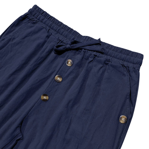 Buddha Stones Solid Color Buttons Drawstring Men's Cotton Pants With Pockets