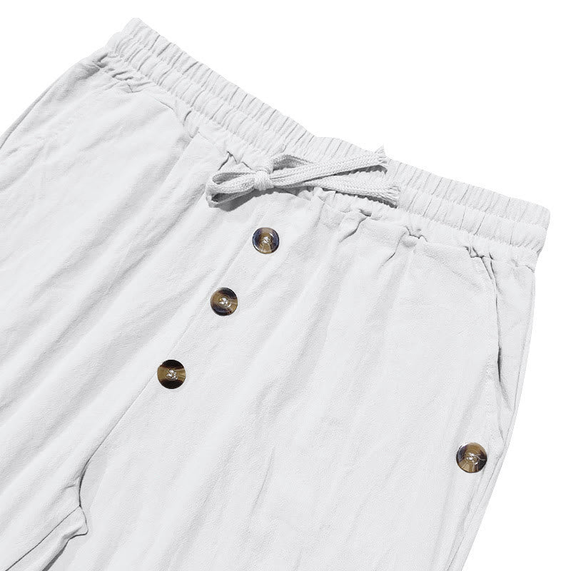 Buddha Stones Solid Color Buttons Drawstring Men's Cotton Pants With Pockets