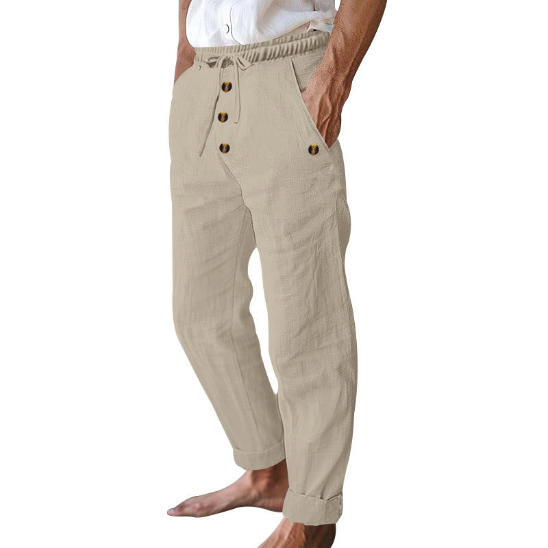 Buddha Stones Solid Color Buttons Drawstring Men's Cotton Pants With Pockets