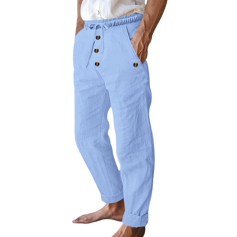 Buddha Stones Solid Color Buttons Drawstring Men's Cotton Pants With Pockets