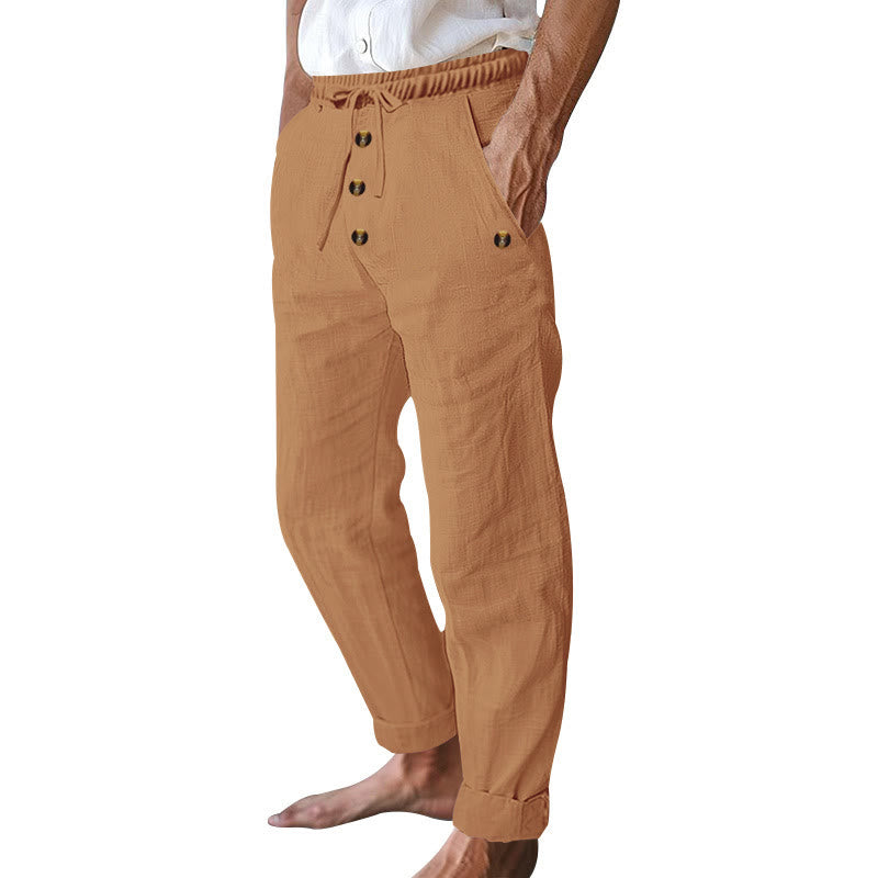 Buddha Stones Solid Color Buttons Drawstring Men's Cotton Pants With Pockets