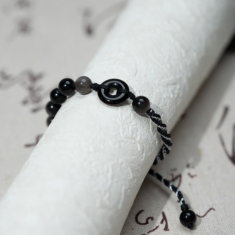 Buddha Stones Natural Black Obsidian Peace Buckle Purification Black Rope Bracelet