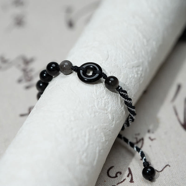 Buddha Stones Natural Black Obsidian Peace Buckle Purification Black Rope Bracelet