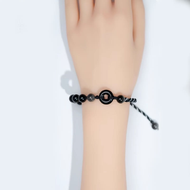 Buddha Stones Natural Black Obsidian Peace Buckle Purification Black Rope Bracelet