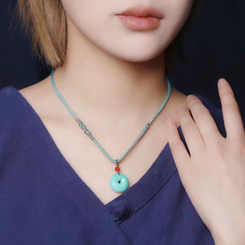 Buddha Stones Turquoise Peace Buckle Rope Balance Necklace Pendant