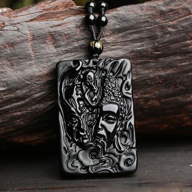 Buddha Stones Natural Black Obsidian Buddha Devil Pattern Strength Necklace Pendant