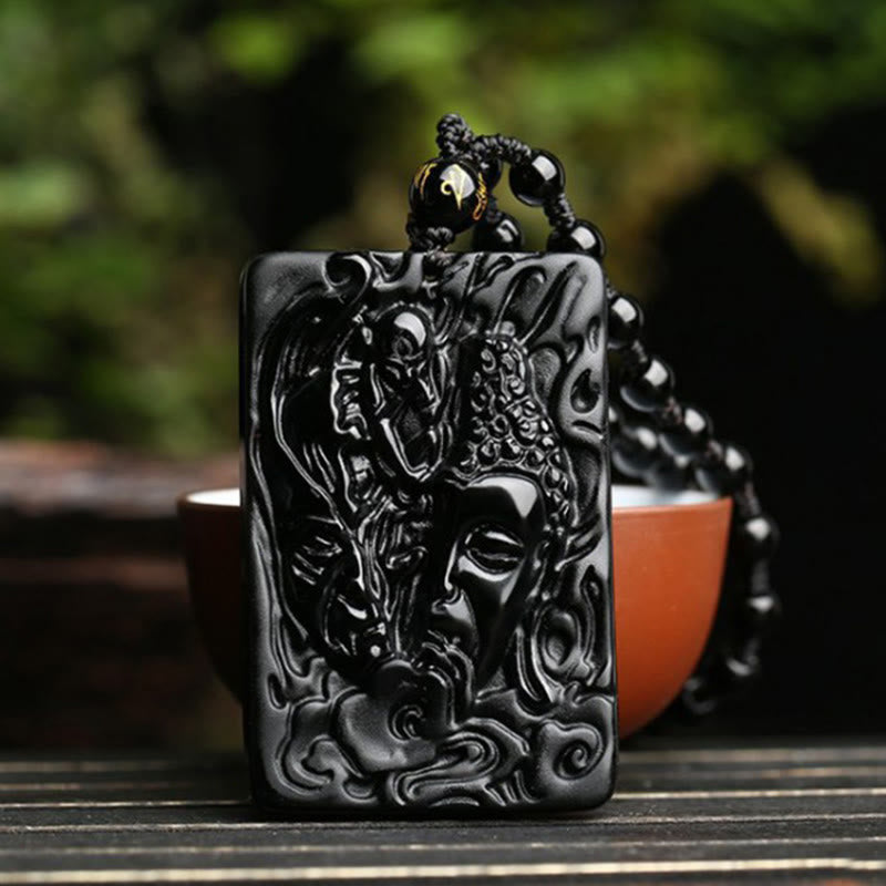 Buddha Stones Natural Black Obsidian Buddha Devil Pattern Strength Necklace Pendant