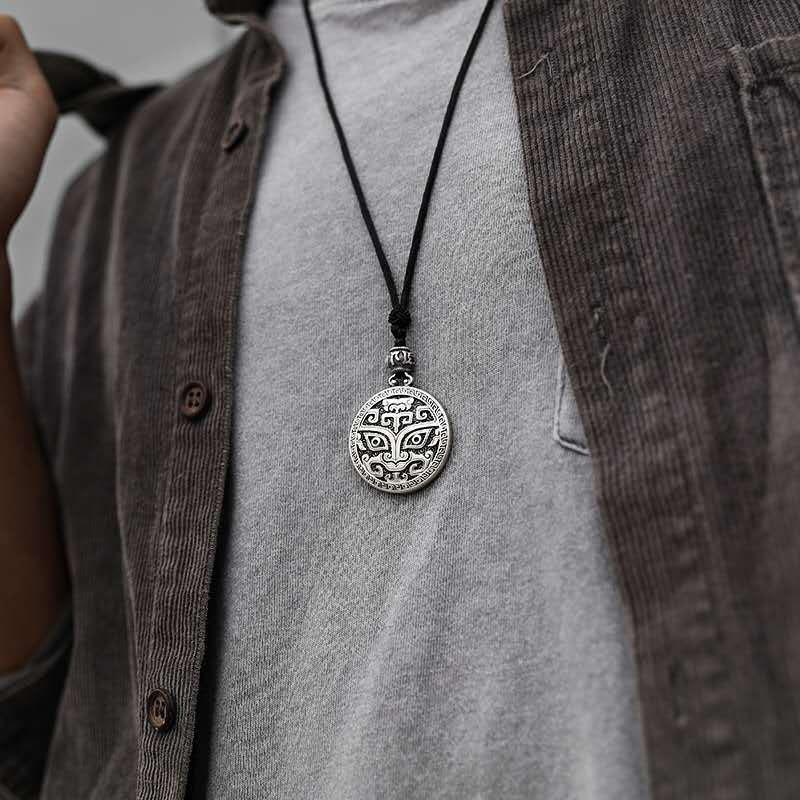 Buddha Stones Taotie Om Mani Padme Hum Copper Plated Silver Wealth Necklace Pendant