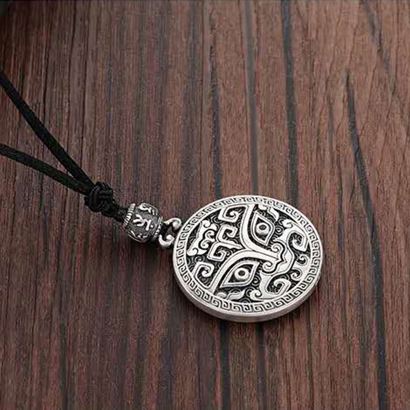 Buddha Stones Taotie Om Mani Padme Hum Copper Plated Silver Wealth Necklace Pendant