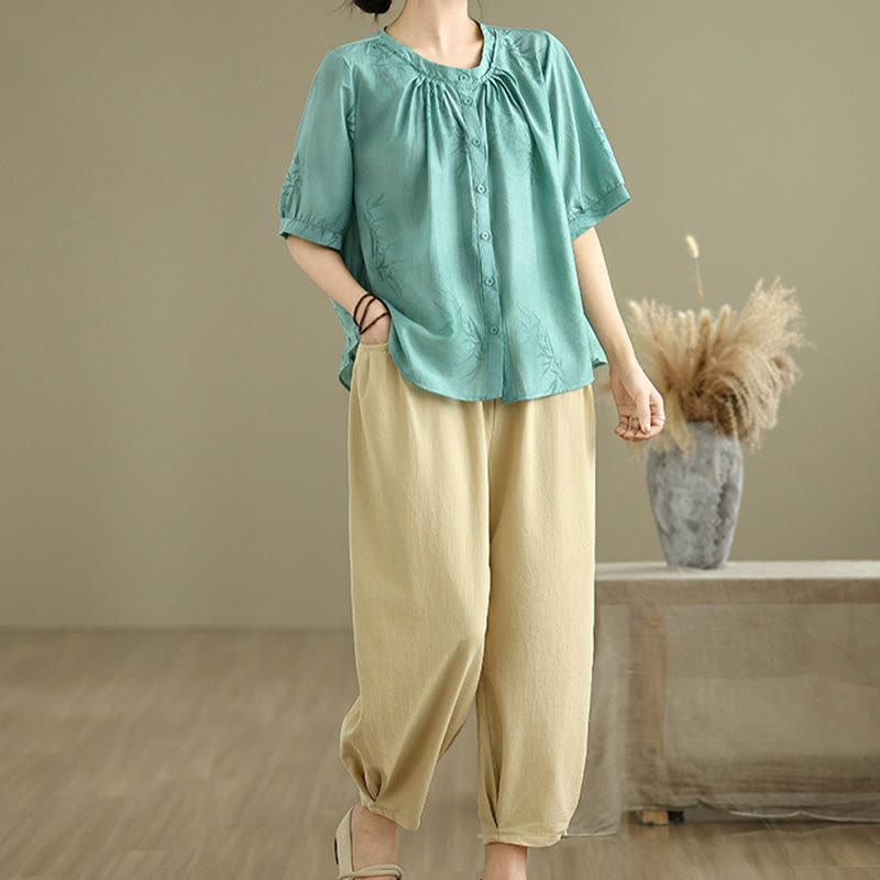 Buddha Stones 2pcs Casual Women's Short Sleeve Shirt Harem Pants Meditation Clothing Set