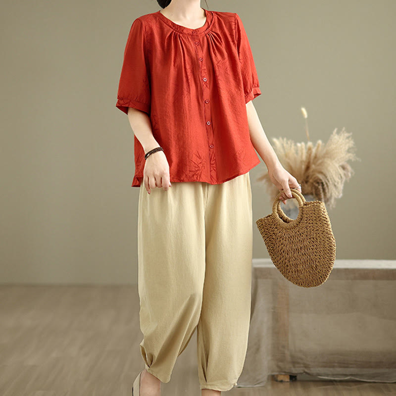 Buddha Stones 2pcs Casual Women's Short Sleeve Shirt Harem Pants Meditation Clothing Set