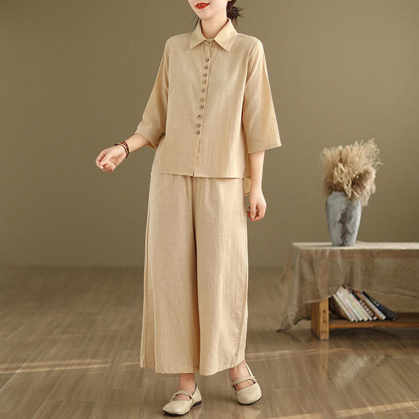 Buddha Stones 2pcs Casual Women's Stand Collar Shirt Loose Pants Meditation Clothing Set