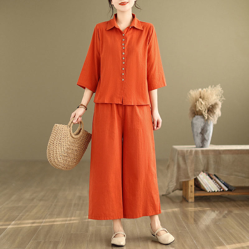 Buddha Stones 2pcs Casual Women's Stand Collar Shirt Loose Pants Meditation Clothing Set