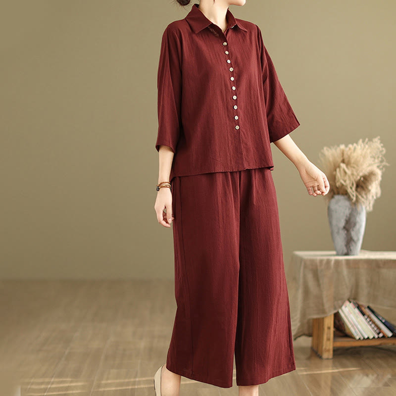 Buddha Stones 2pcs Casual Women's Stand Collar Shirt Loose Pants Meditation Clothing Set