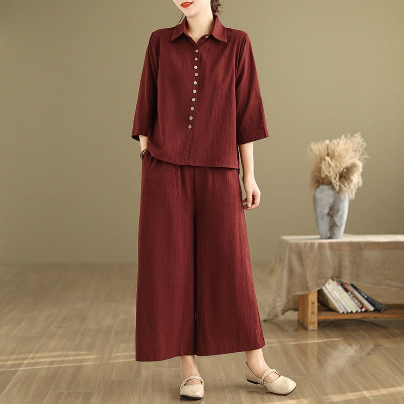 Buddha Stones 2pcs Casual Women's Stand Collar Shirt Loose Pants Meditation Clothing Set