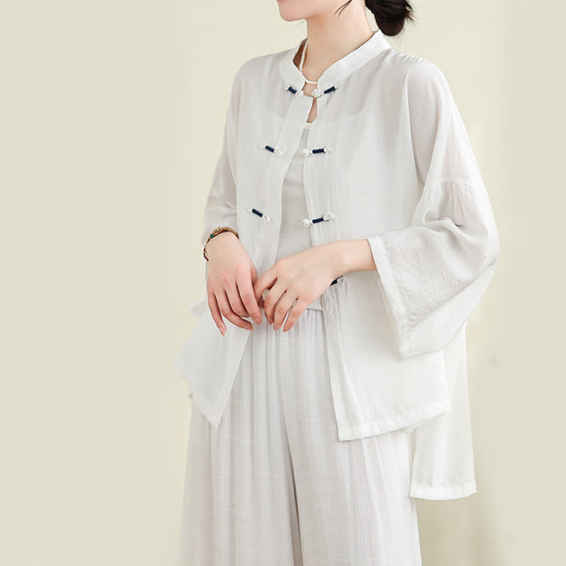 Buddha Stones 2pcs Casual Women's Frog Button Shirt Loose Pants Meditation Clothing Set