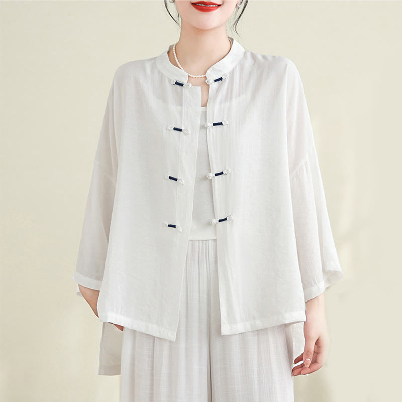 Buddha Stones 2pcs Casual Women's Frog Button Shirt Loose Pants Meditation Clothing Set