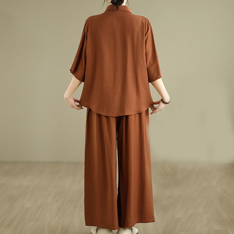 Buddha Stones 2pcs Casual Women's Stand Collar Shirt Loose Pants Meditation Clothing Set