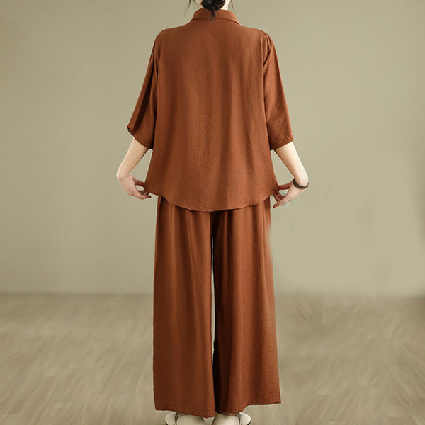 Buddha Stones 2pcs Casual Women's Stand Collar Shirt Loose Pants Meditation Clothing Set