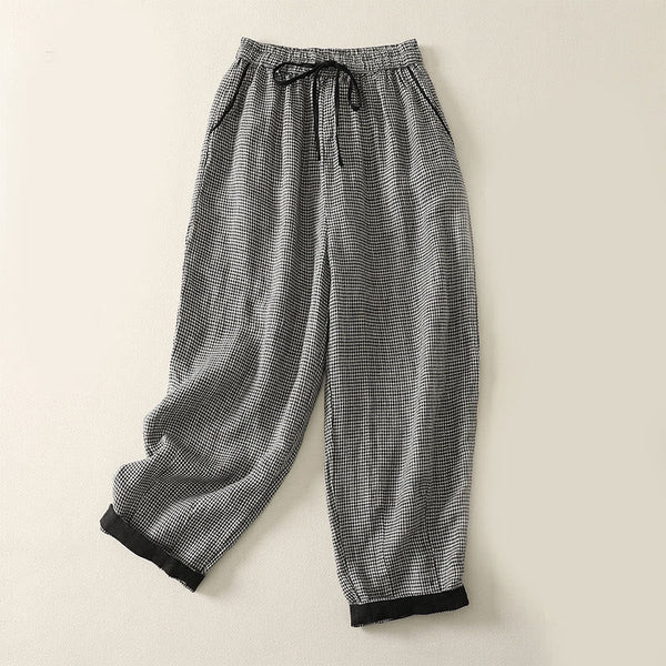 Buddha Stones Plaid Pattern Drawstring Women's Cotton Linen Harem Pants With Pockets