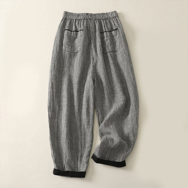 Buddha Stones Plaid Pattern Drawstring Women's Cotton Linen Harem Pants With Pockets