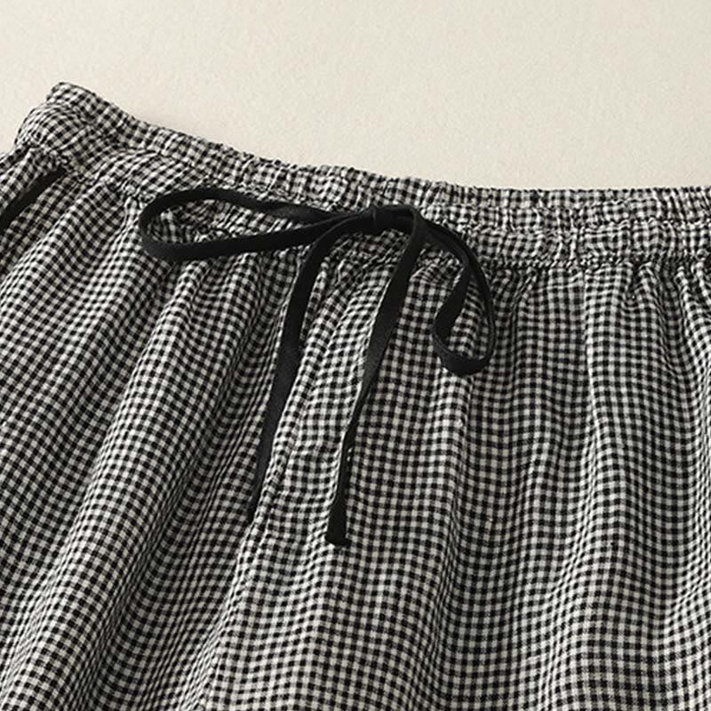 Buddha Stones Plaid Pattern Drawstring Women's Cotton Linen Harem Pants With Pockets