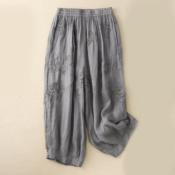 Buddha Stones Embroidered Pattern Women's Cotton Linen Harem Pants With Pockets