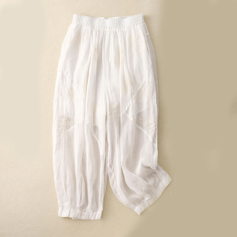 Buddha Stones Embroidered Pattern Women's Cotton Linen Harem Pants With Pockets